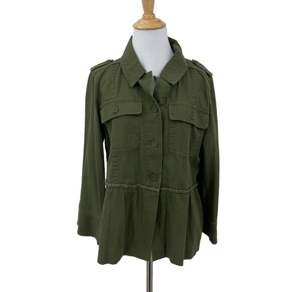 LOFT Ann Taylor Herringbone Jacket Womens M Medium Peplum Wide Sleeves Utility - Picture 1 of 12